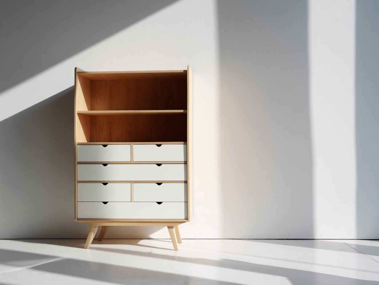 Librerie-legno ingegnerizzato-85x38x130 cm-bianco-rovere naturale-mid-century moderno